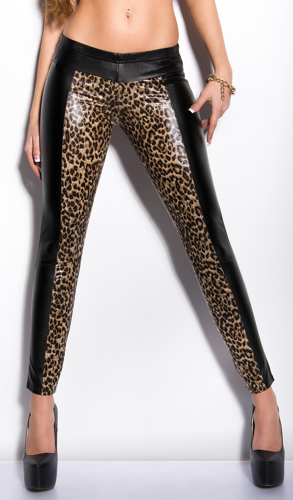 F8473 LONG PANTS WOMAN LEGGINGS LEGGINGS BLACK LEOPARD SKIN EFFECT